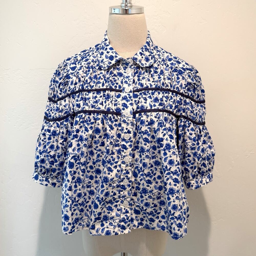 Maeve Leandra Shirted Yoke Blouse Top Womens Small Blue Floral Crop